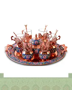 سرویس چای خوری سینی گرد مس و پرداز