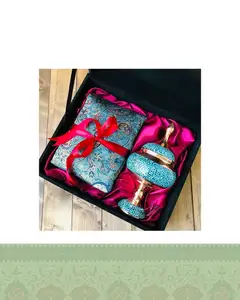 ست شکلات خوری فیروزه کوبی 24 و رومیزی ترمه