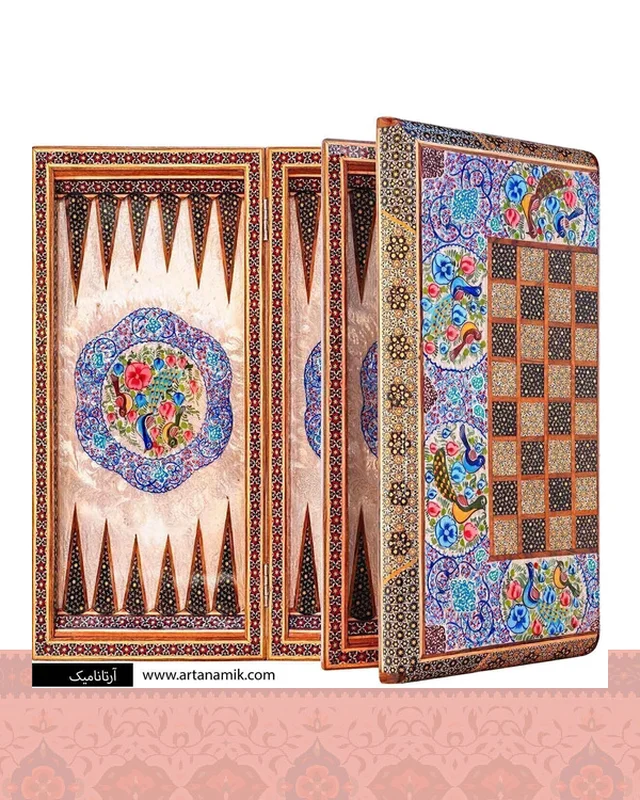 ارسالی مستقیم تخته نرد خاتم کاری شده لبگرد طرح گل و مرغ  از ایران