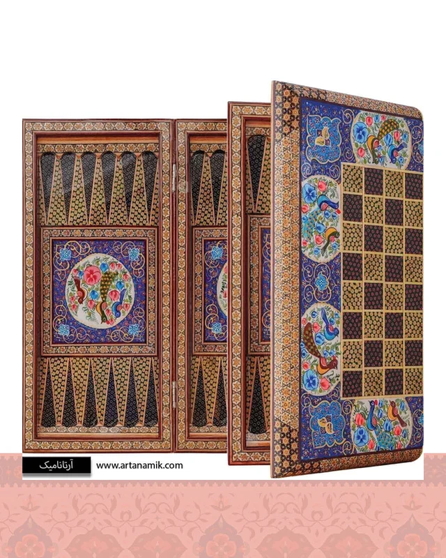 ارسالی مستقیم تخته نرد خاتم کاری شده و شطرنج طرح گل و مرغ  از ایران