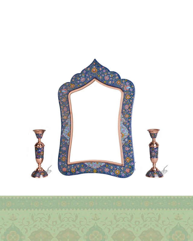 آینه و شمعدان مسی با نقاشی پرداز
